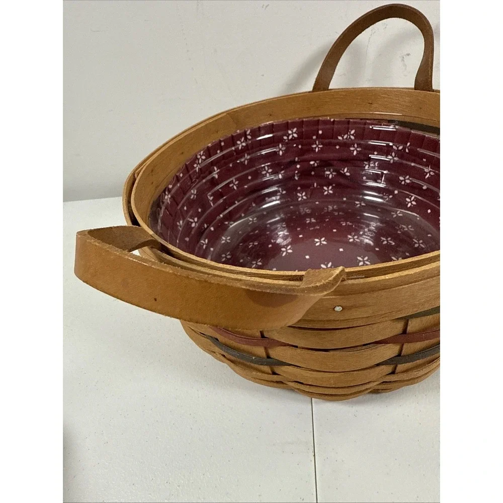 2005 Longaberger Darning Basket Round, Leather Handles, Plastic and Fabric Liner